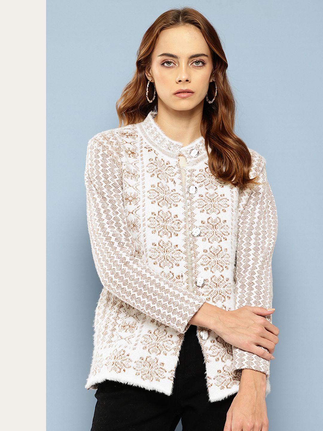 

BAESD Women Floral Woollen Cardigan, Brown