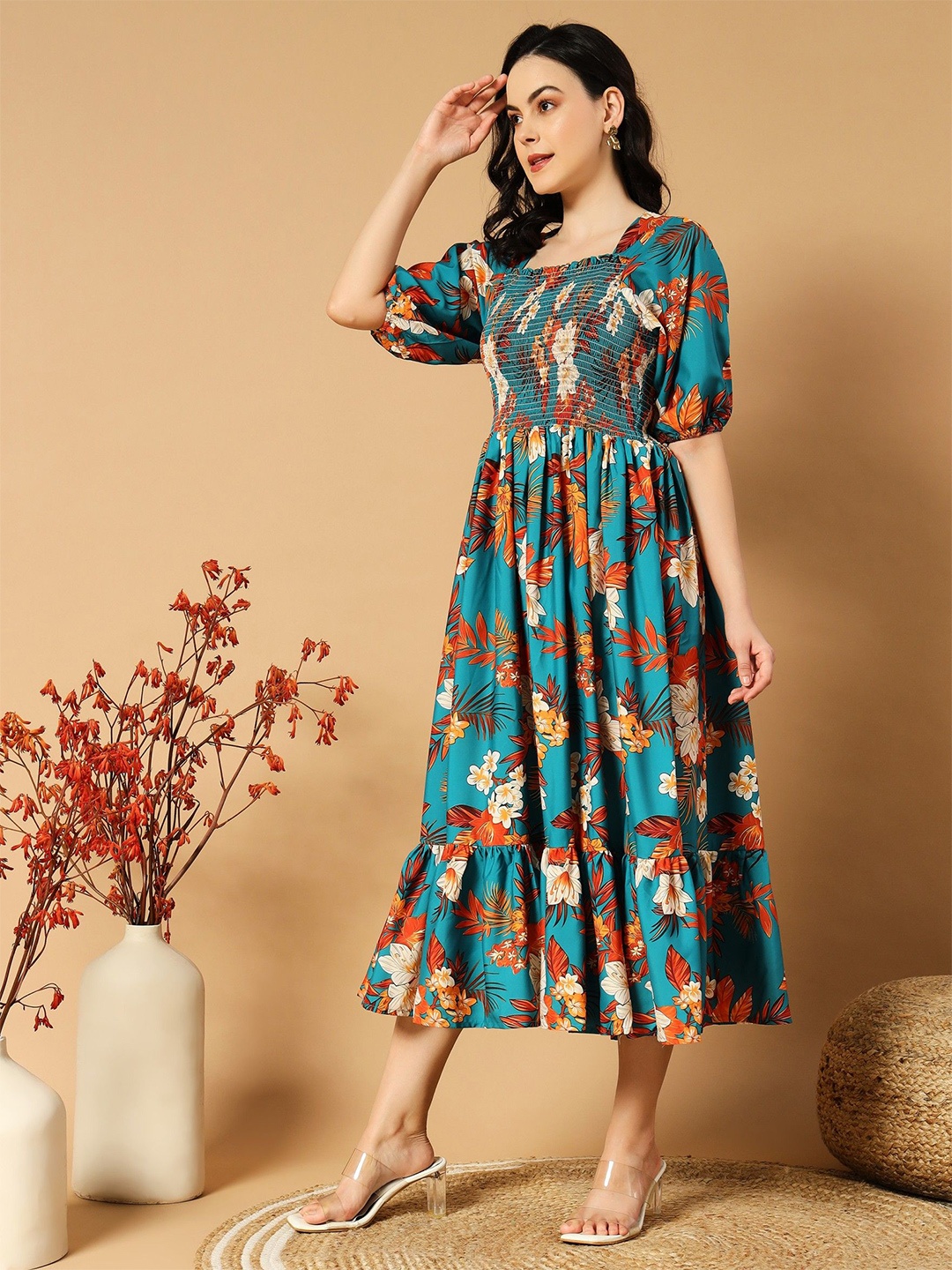 

Krunal Raiyani women Floral Printed Smocked Gathered Fit & Flare Dress, Blue