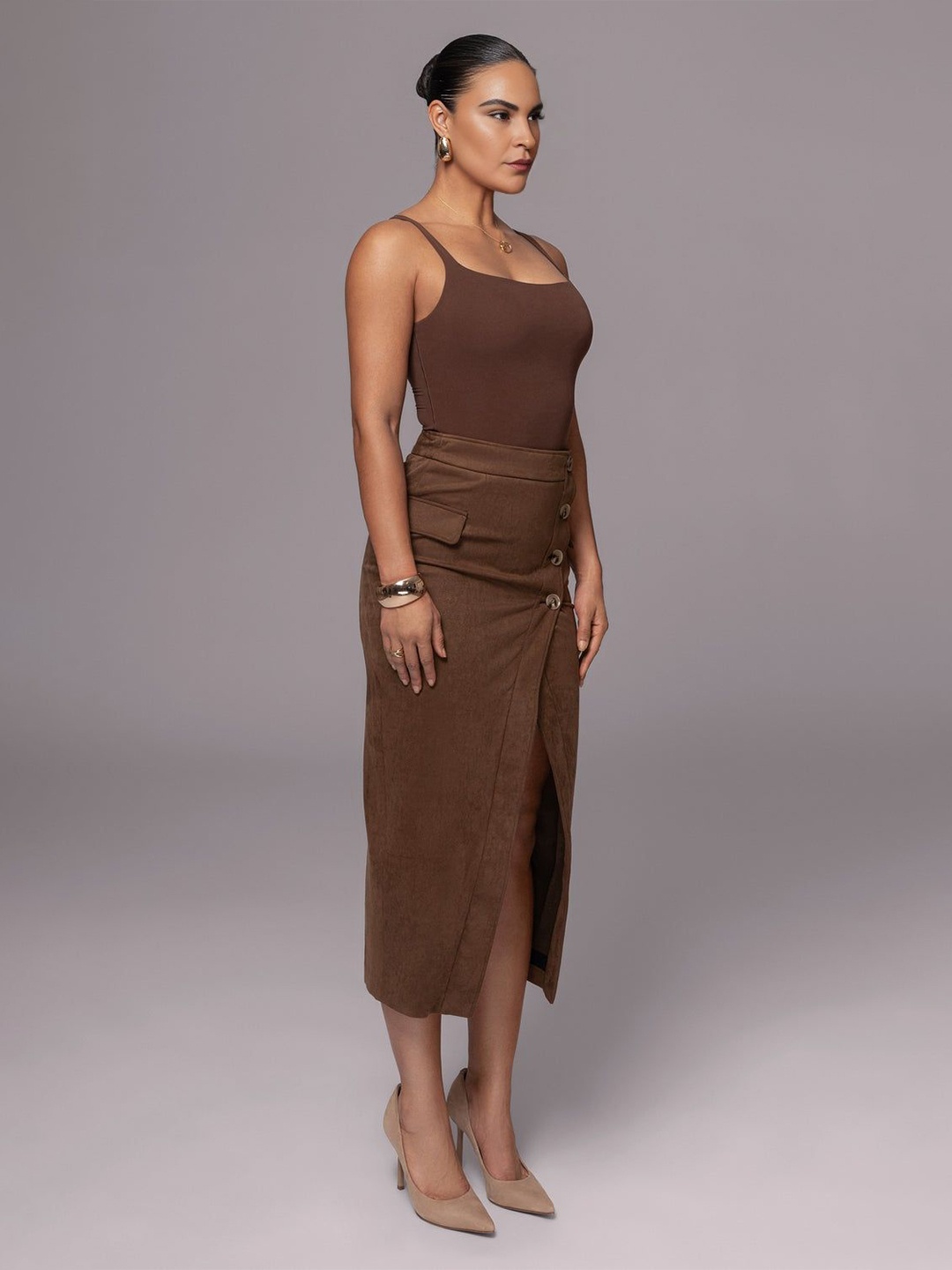 

Bee Boe Bee Aurora Collection Asymmetry Suede Chocolate Midi Skirt, Brown