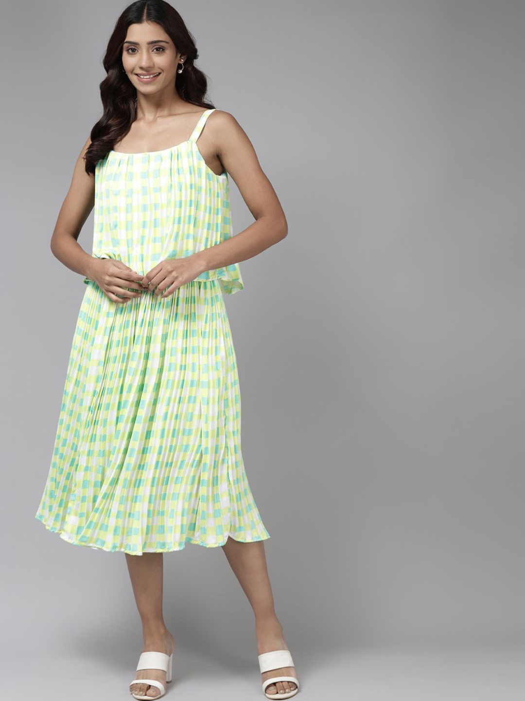 

BAESD Checked Georgette A-Line Midi Dress, Green