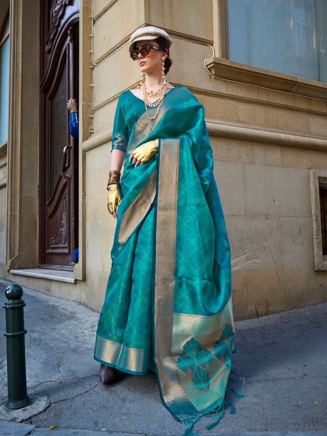 

ODETTE Ethnic Motifs Zari Organza Saree, Turquoise blue