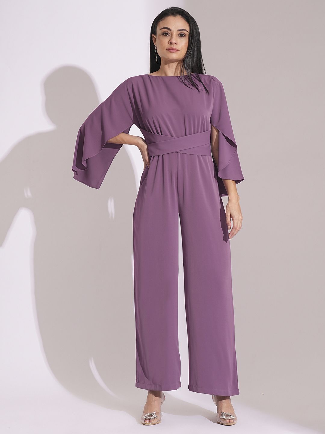 

Globus Women Purple Boat Neck Cape Sleeves Criss Cross Waist Tie-Up Detail Satin Jumpsuit