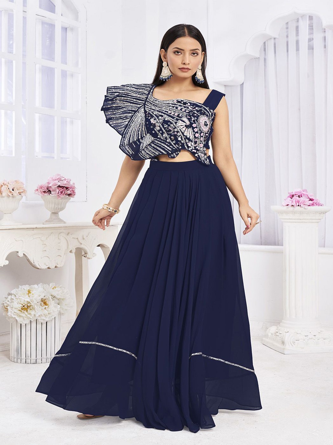 

Krimmple Embroidered Thread Work Ready to Wear Lehenga & Choli, Blue