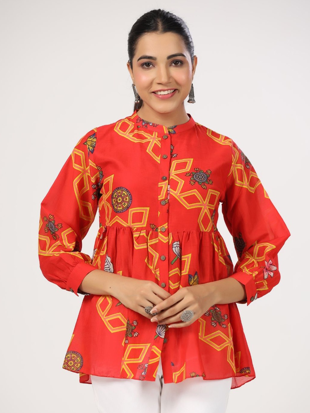 

JAIPURRANG Women Geometric Printed Mandarin Collar Tunic, Red