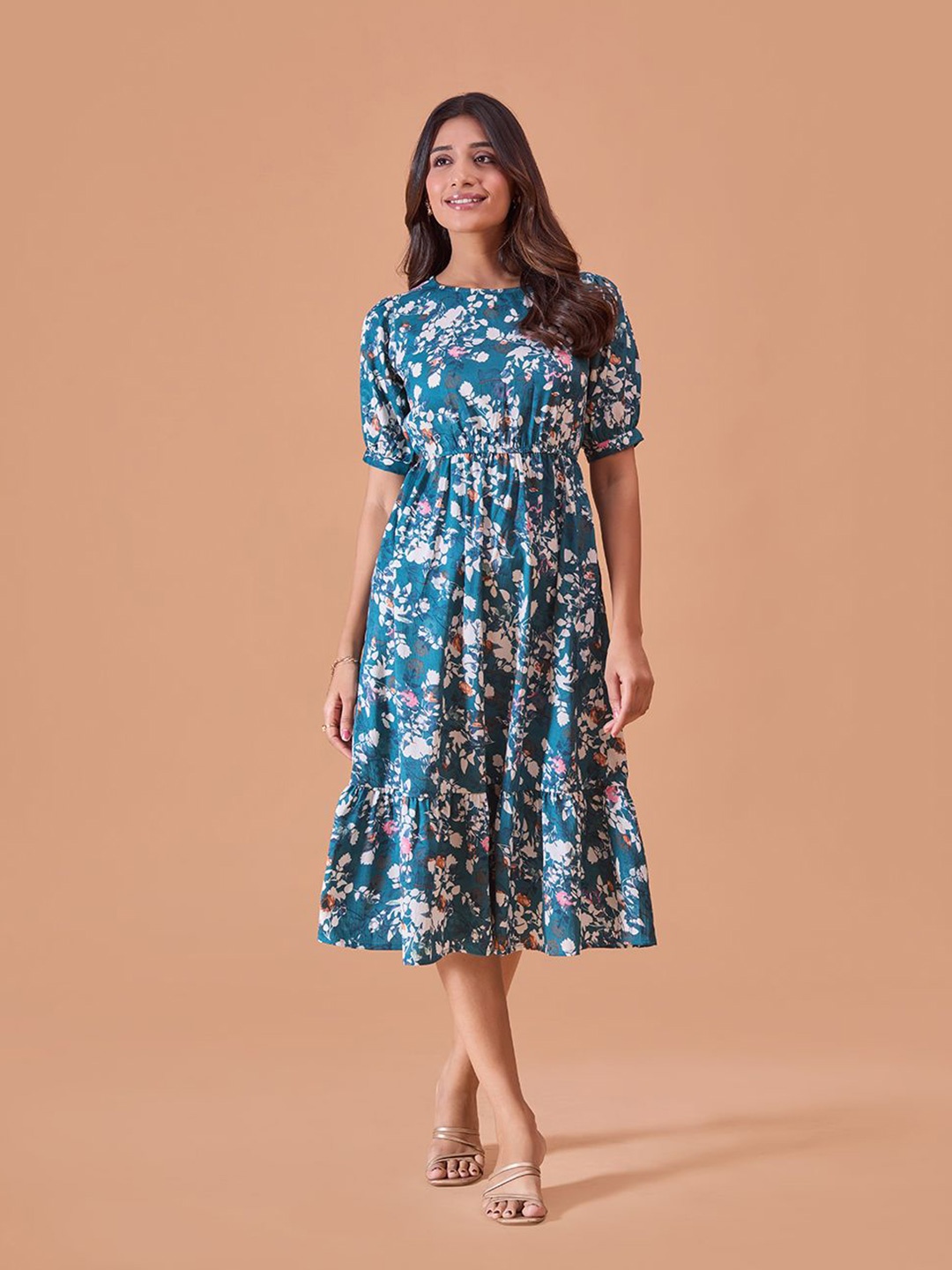 

Fashfun Women Floral Printed Puff Sleeves Cotton Fit & Flare Midi Dress, Teal