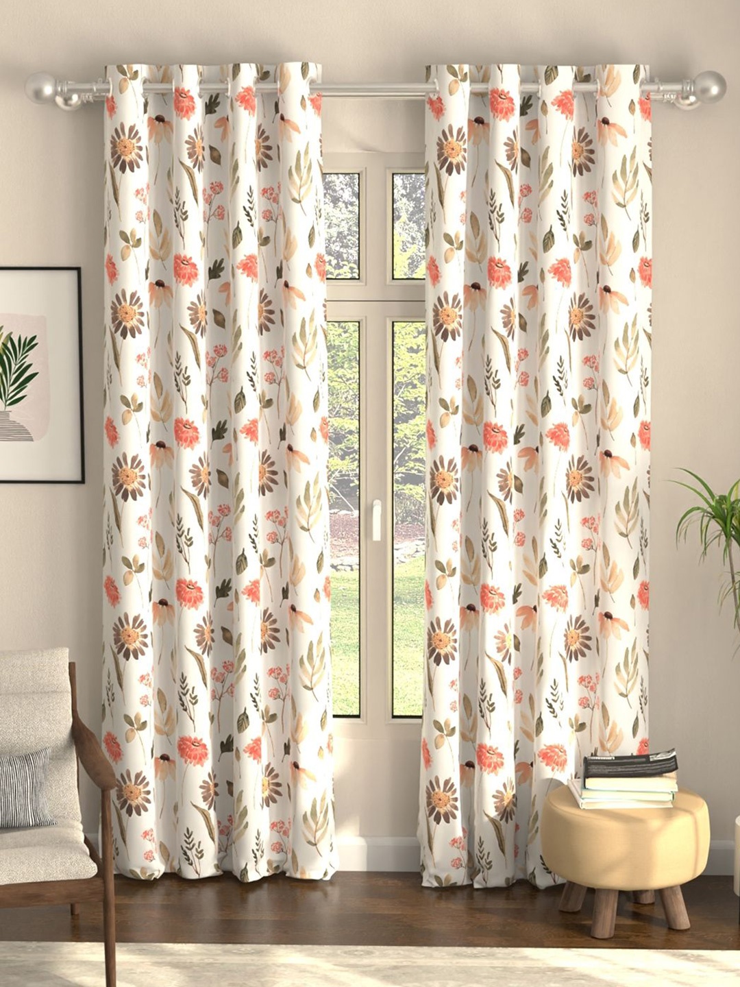 

URBAN SPACE Frost Peach-Coloured & Red Floral Printed 2 Pieces Black Out Door Curtains