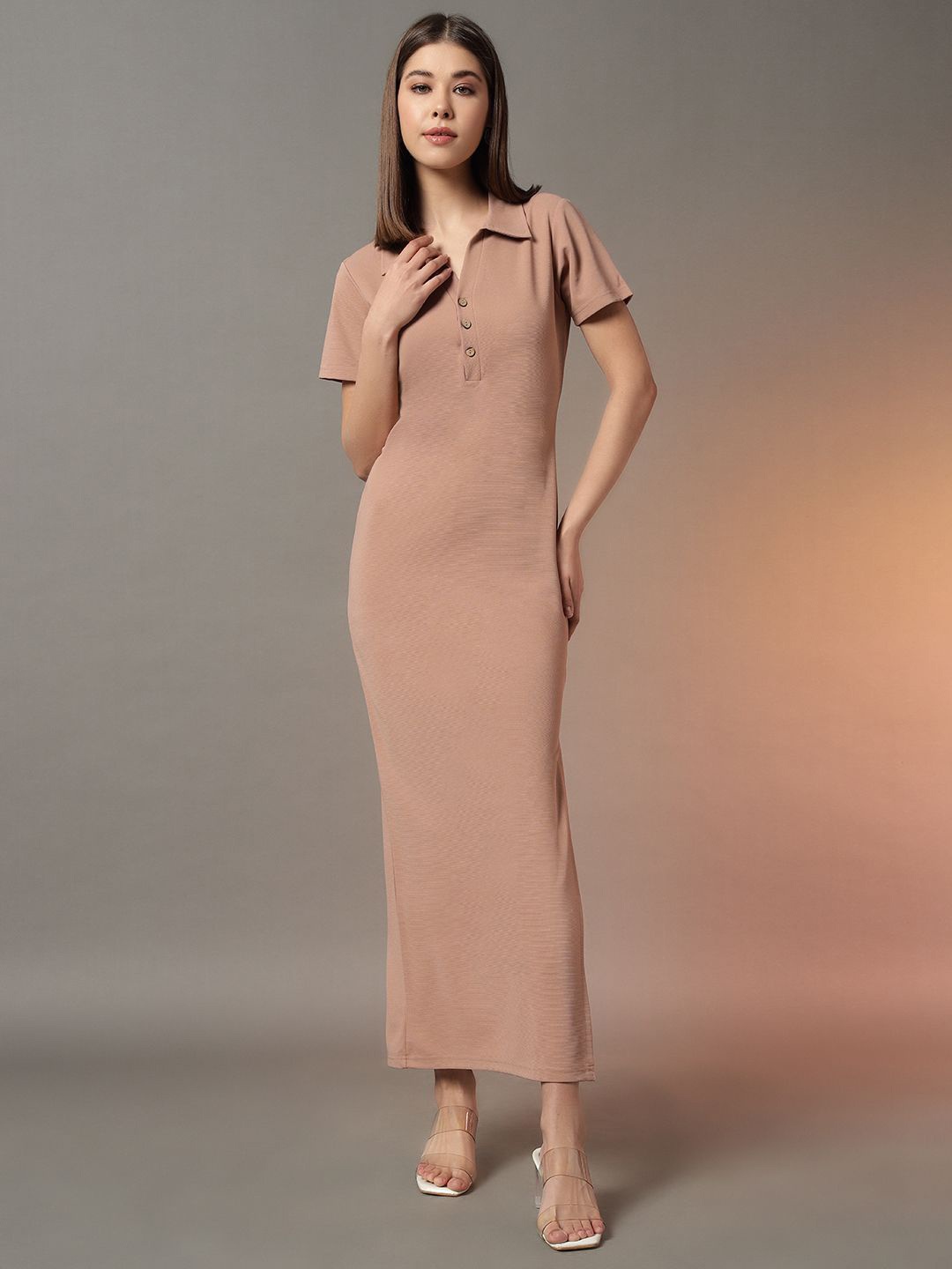 

Trend Arrest Women Shirt Collar Maxi Dress, Beige