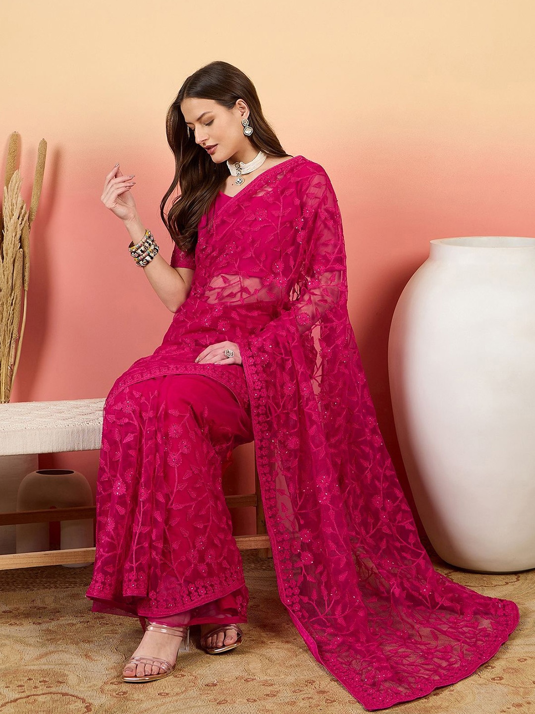

Sangria Embroidered Net Saree With Unstitched Blouse, Pink