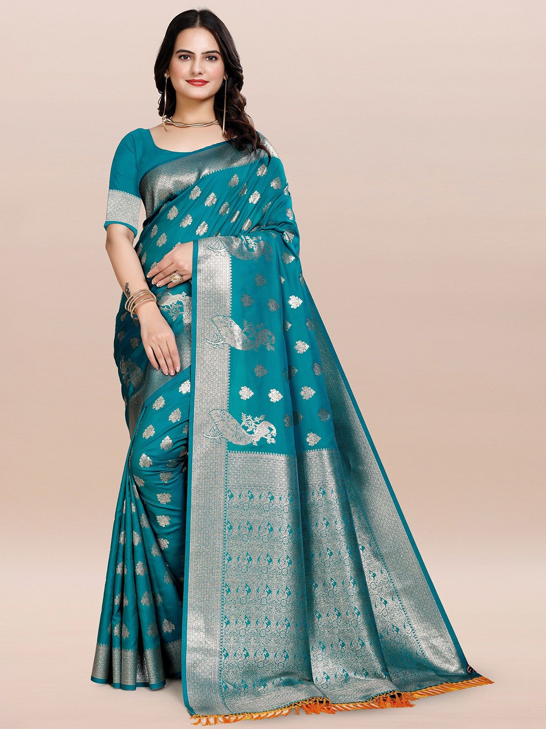 

TORONFRAS Ethnic Motifs Zari Banarasi Saree, Turquoise blue