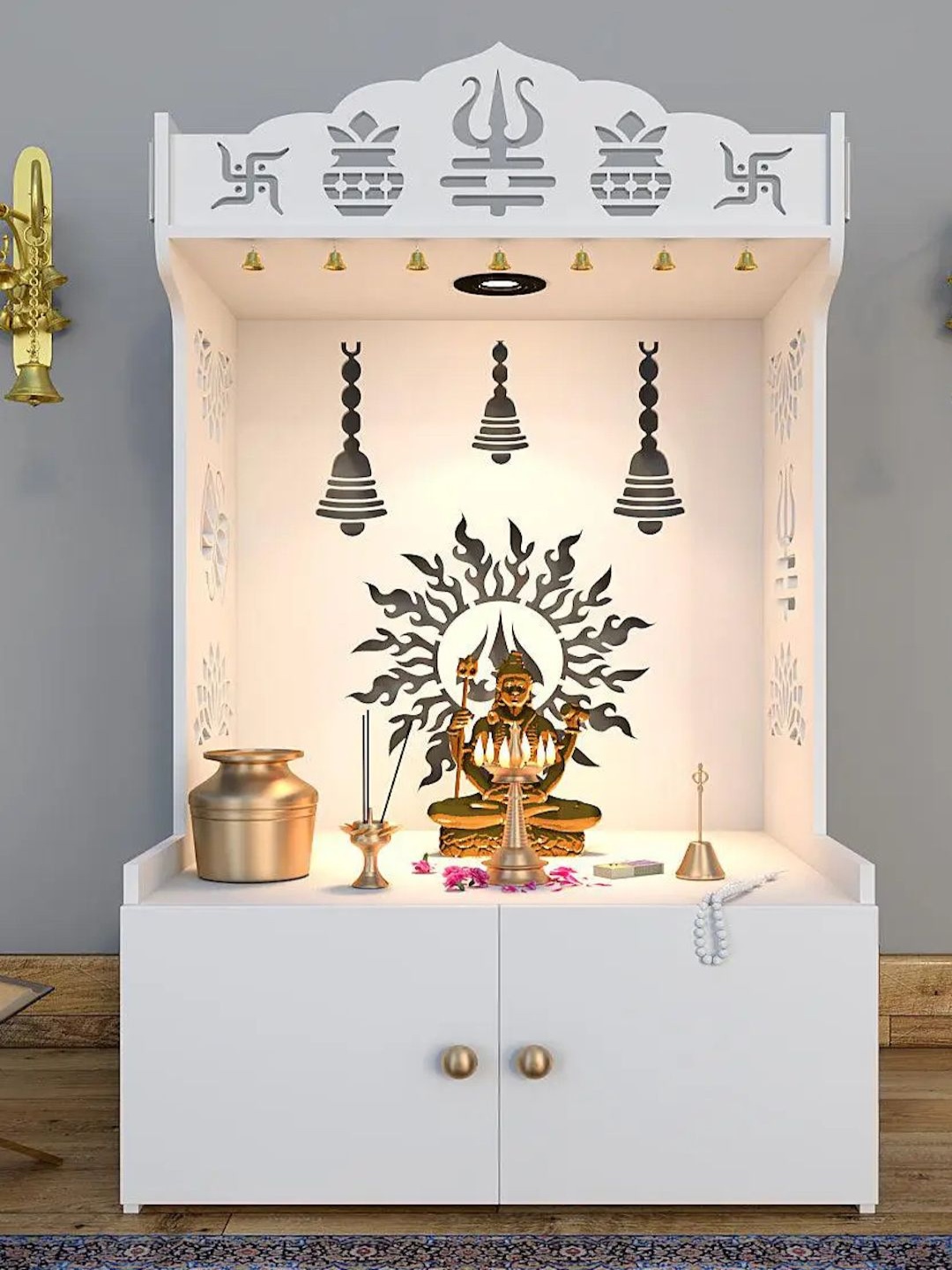 

Homscape Surya Chakra Wooden Home Temple with Shelf and Focus Light, White