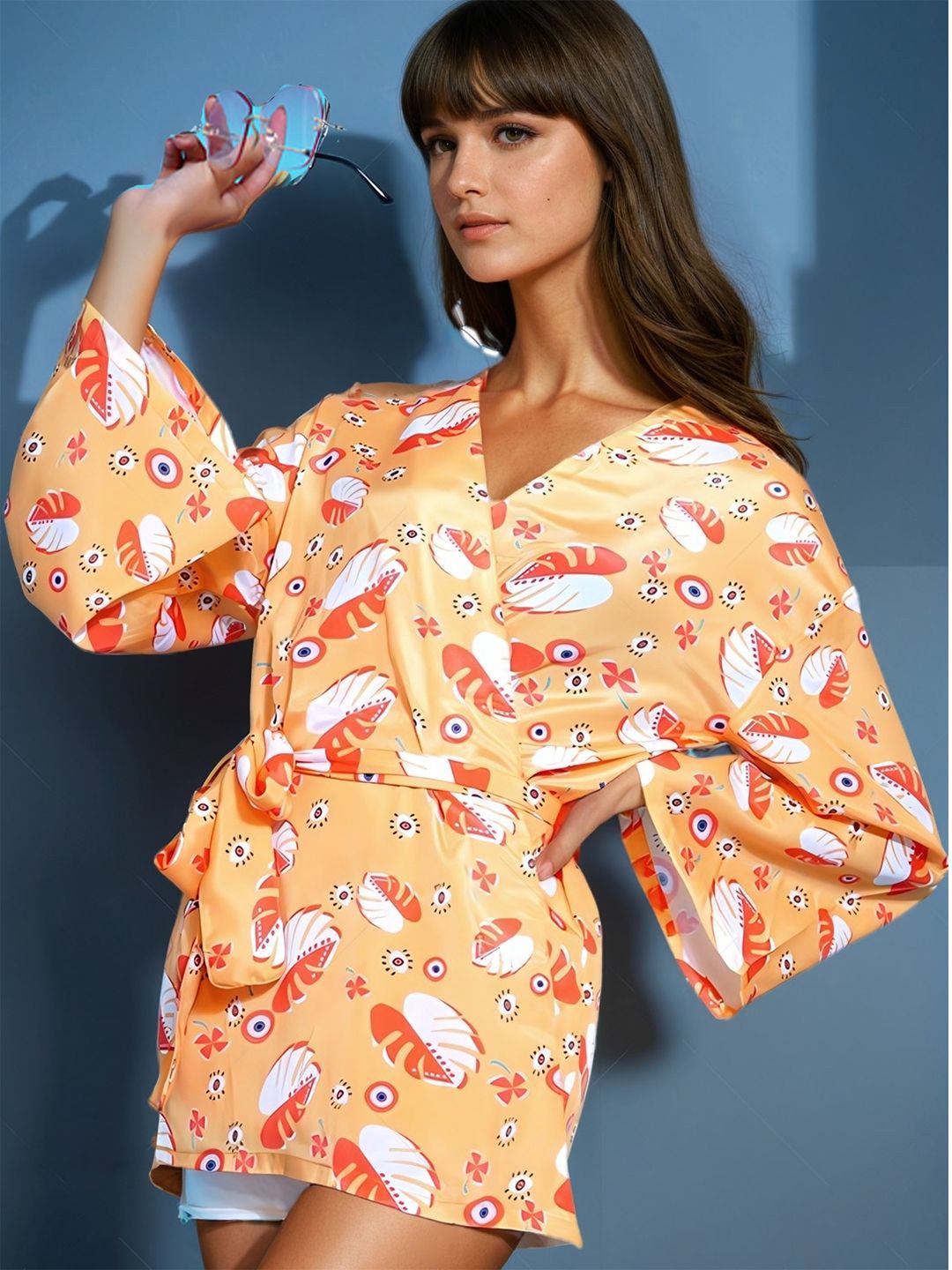 

DressBerry Floral Printed Flared Sleeve Wrap Dress, Orange