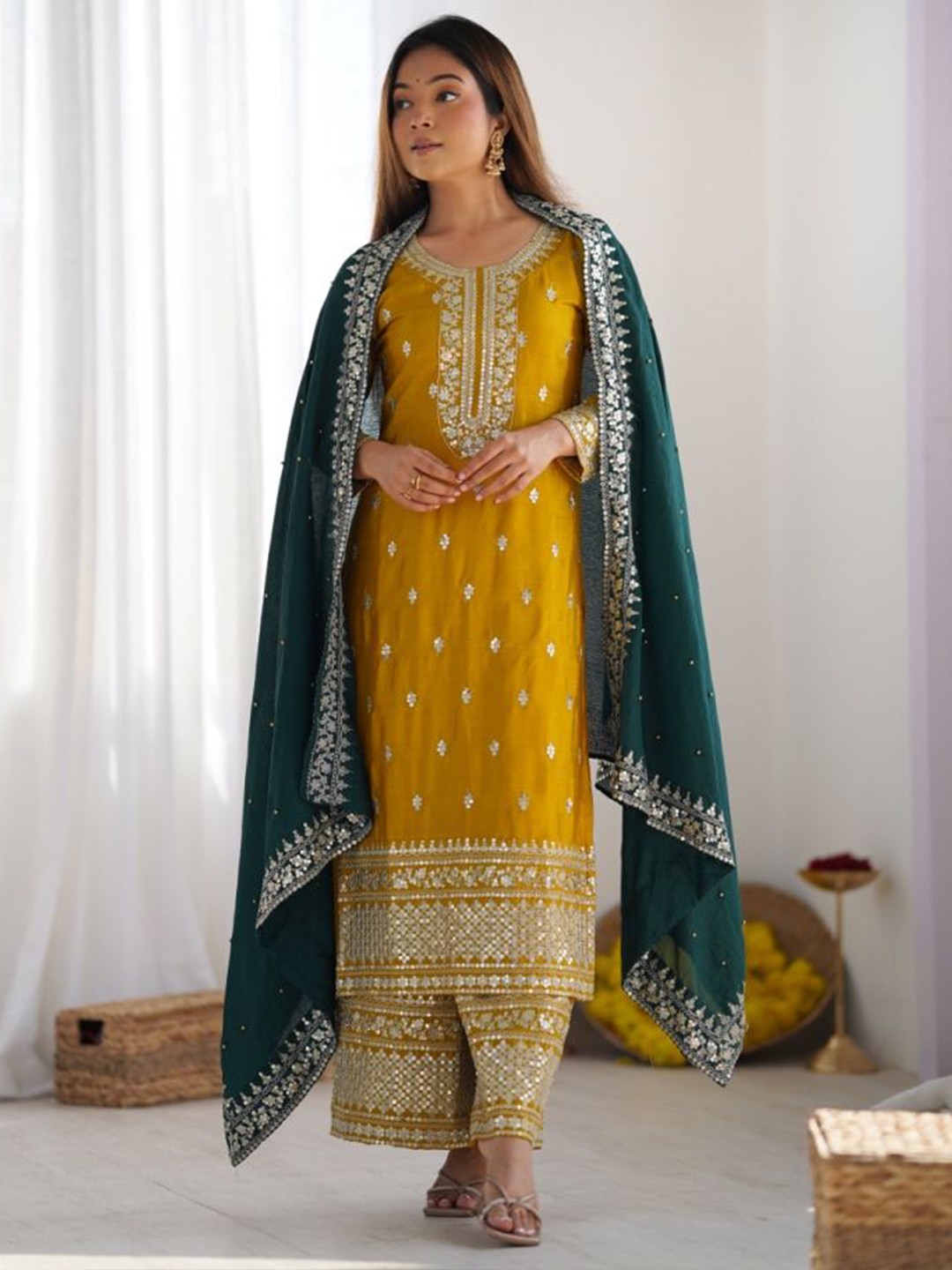 

SHREE KHODAL FASHION Ethnic Motifs Embroidered Sequinned Kurta with Palazzos & Dupatta, Yellow