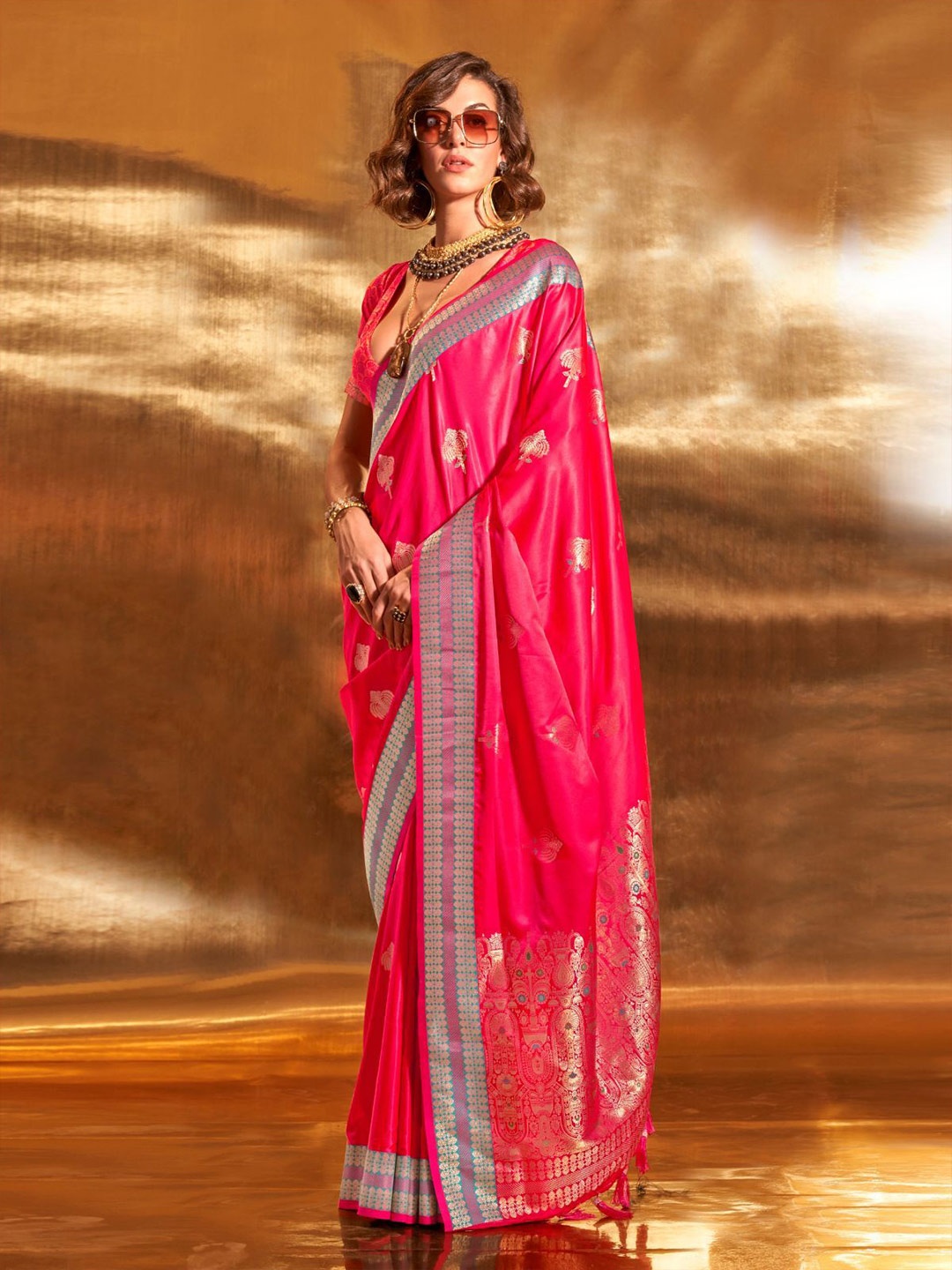 

ODETTE Ethnic Motifs Zari Satin Saree, Pink