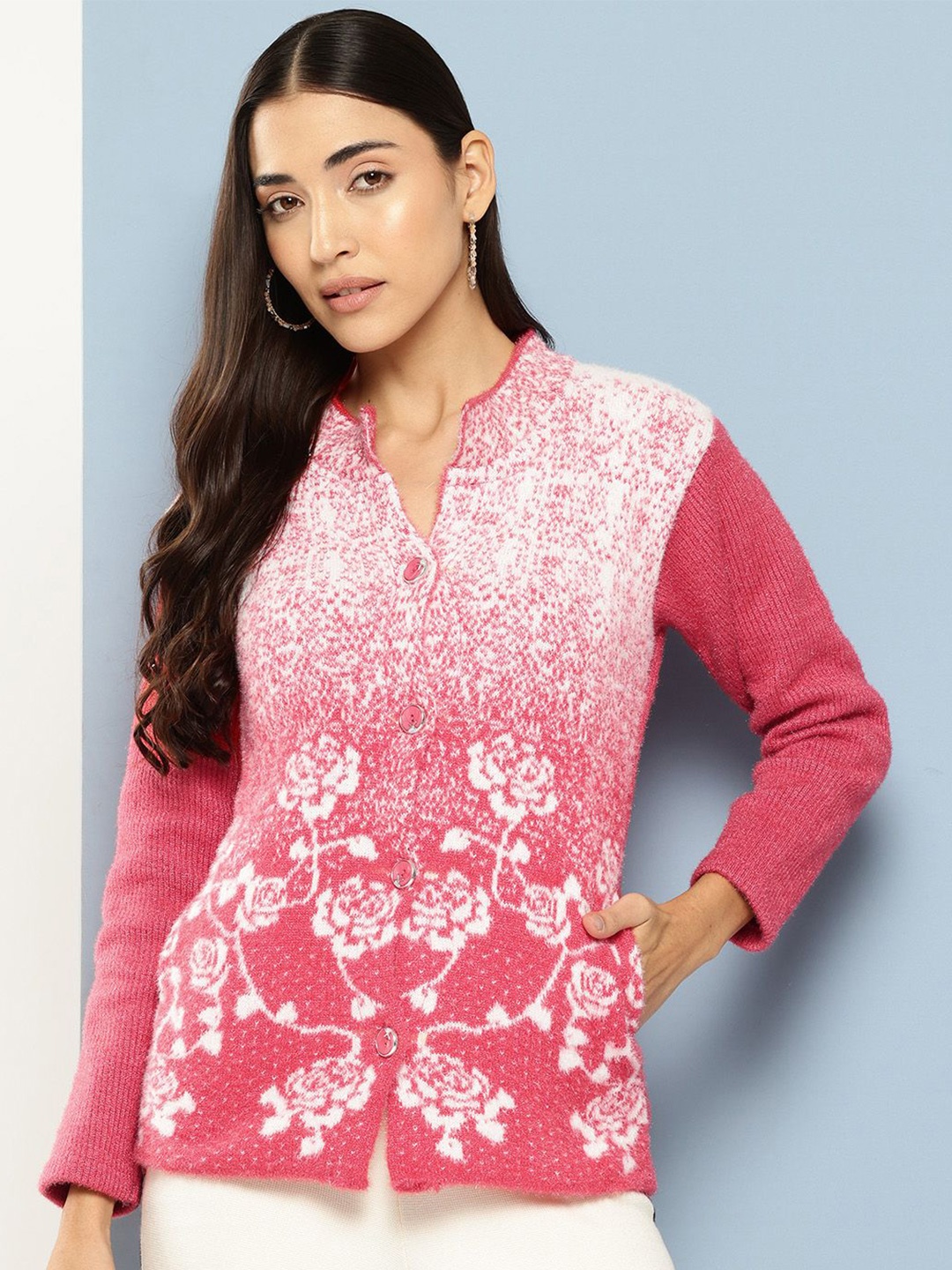 

BAESD Women Woollen Party Wear Floral Printed Woolen Cardigan, Red