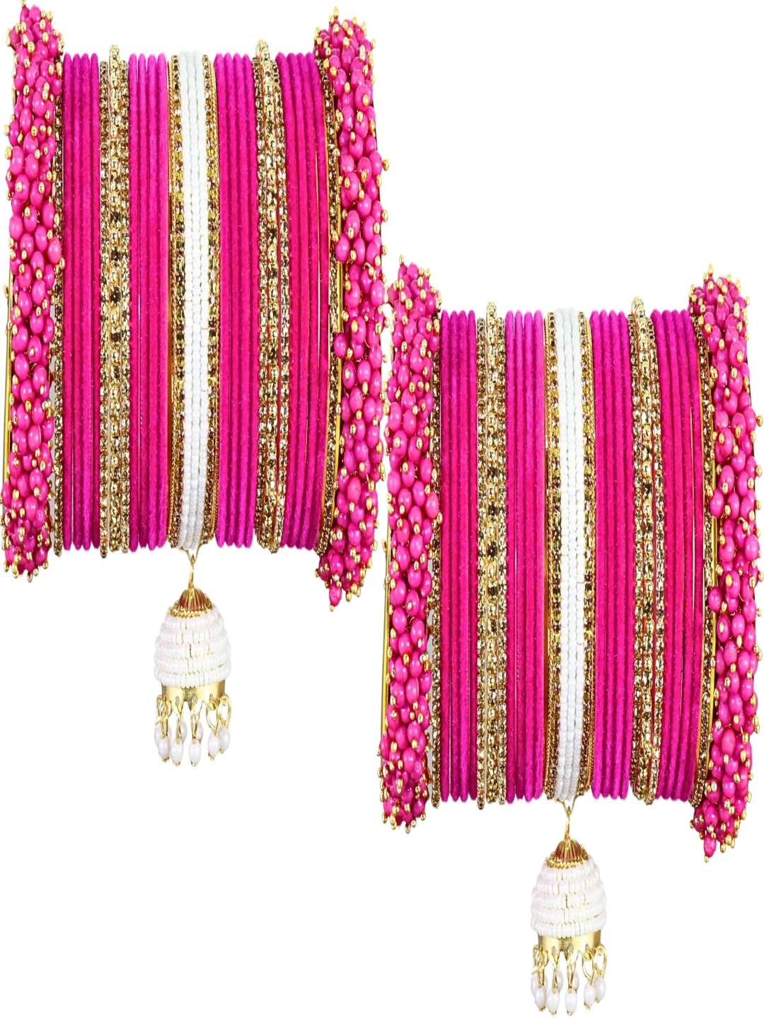 

ZULKA Set Of 54 Zircon Stone-Studded & Pearls Beaded Velvet Latkan Chuda Bangles, Magenta