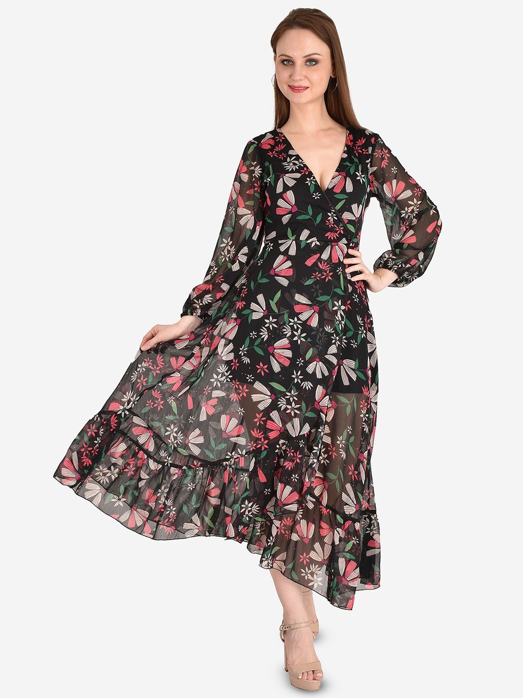 

MISS HAUTE Women Floral Printed Fit & Flare Midi Dress, Black