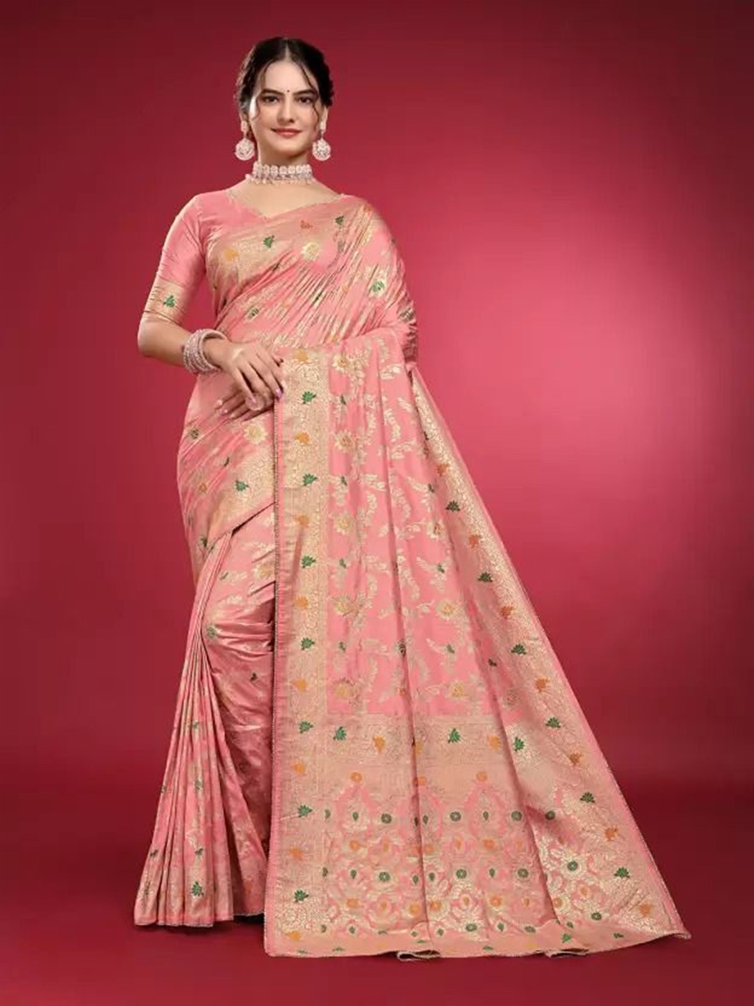 

KALINI Floral Zari Pure Silk Saree, Peach