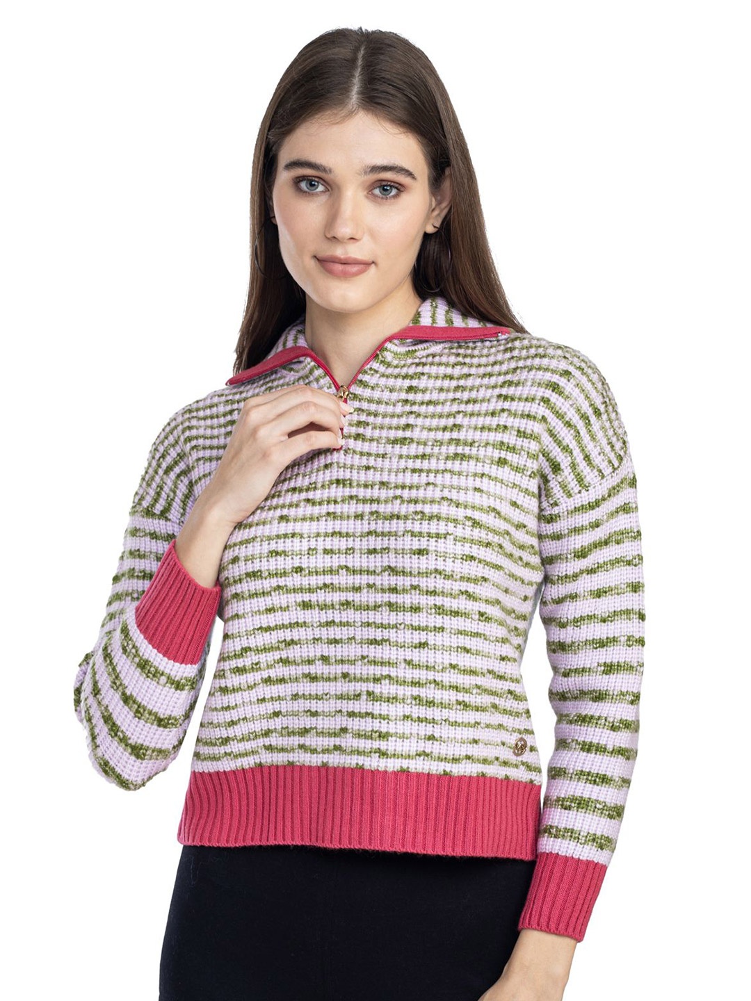 

Moda Elementi Women Striped Woollen Pullover, Grey