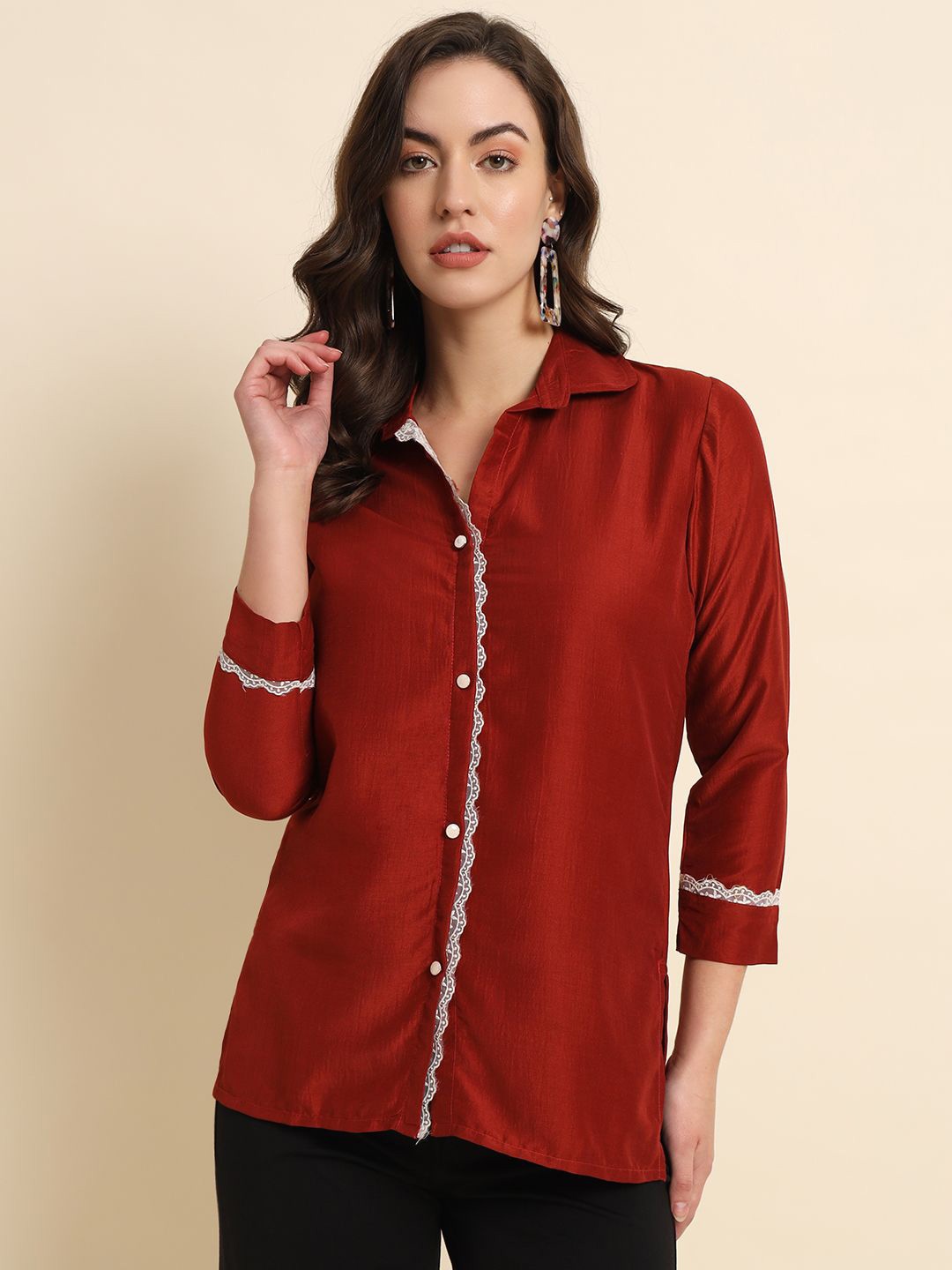 

Peikh Women Shirt Style Top With Lace Details, Rust