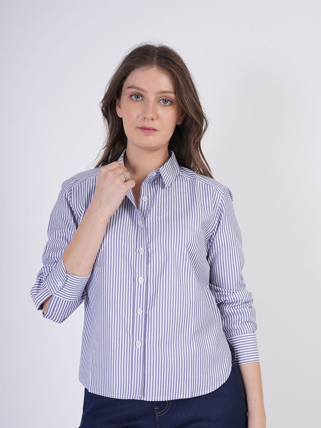 

BERIAMO Women Comfort Fit Spread Collar Vertical Striped Cotton Casual Shirt, Blue