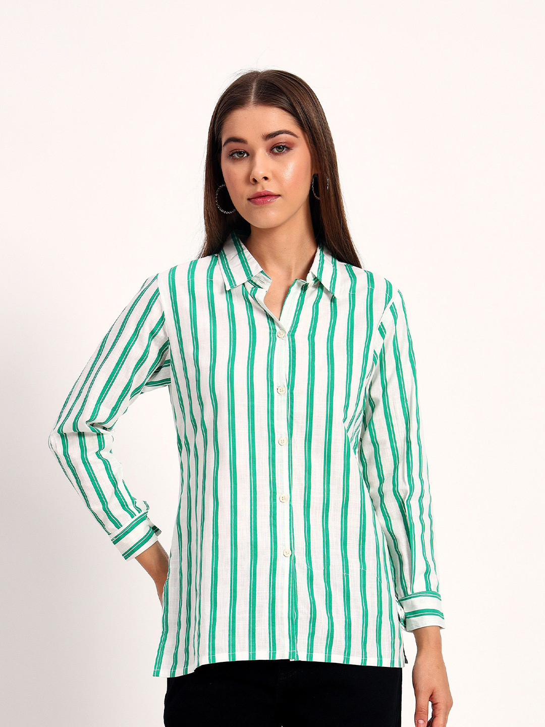 

Peikh Striped Linen Shirt Style Top, Green