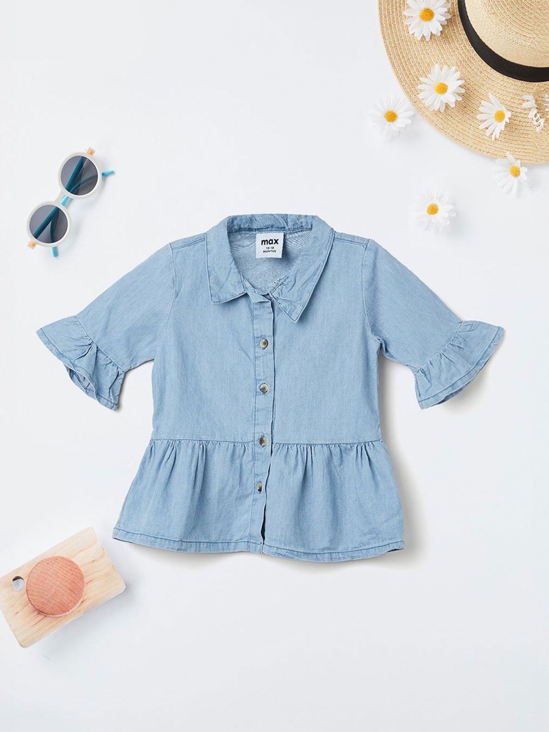 

max Girls Bell Sleeve Cotton Shirt Style Top, Blue