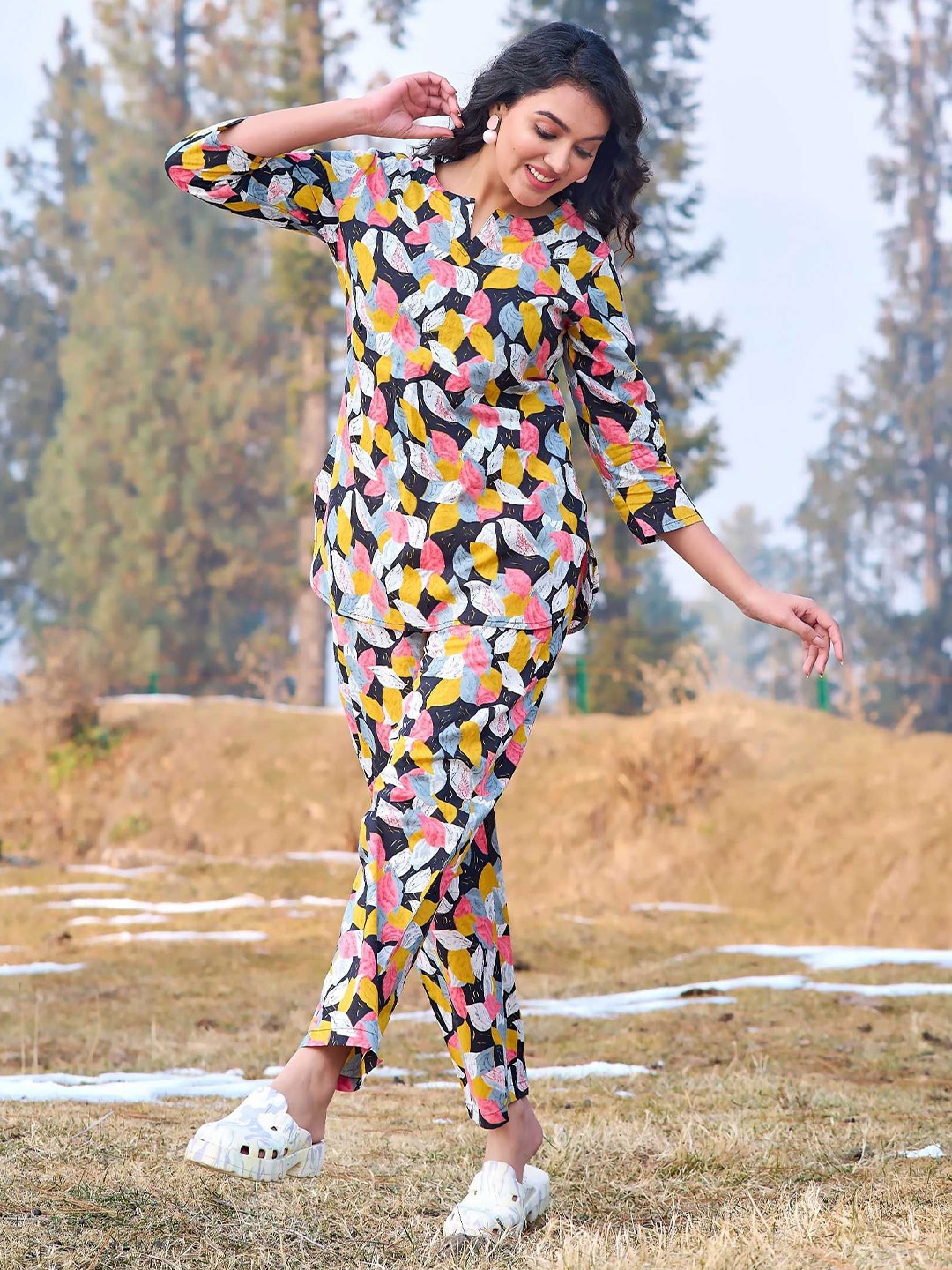 

MISS REKHA Tropical Printed Pure Cotton Night Suits, Black