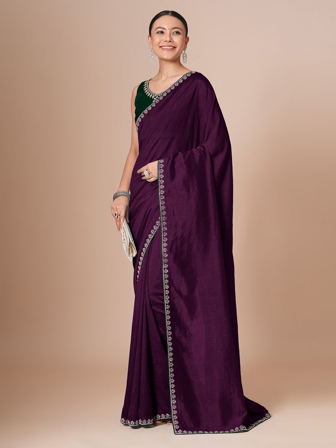 

House of Pataudi Solid Embellished Burgundy Saree