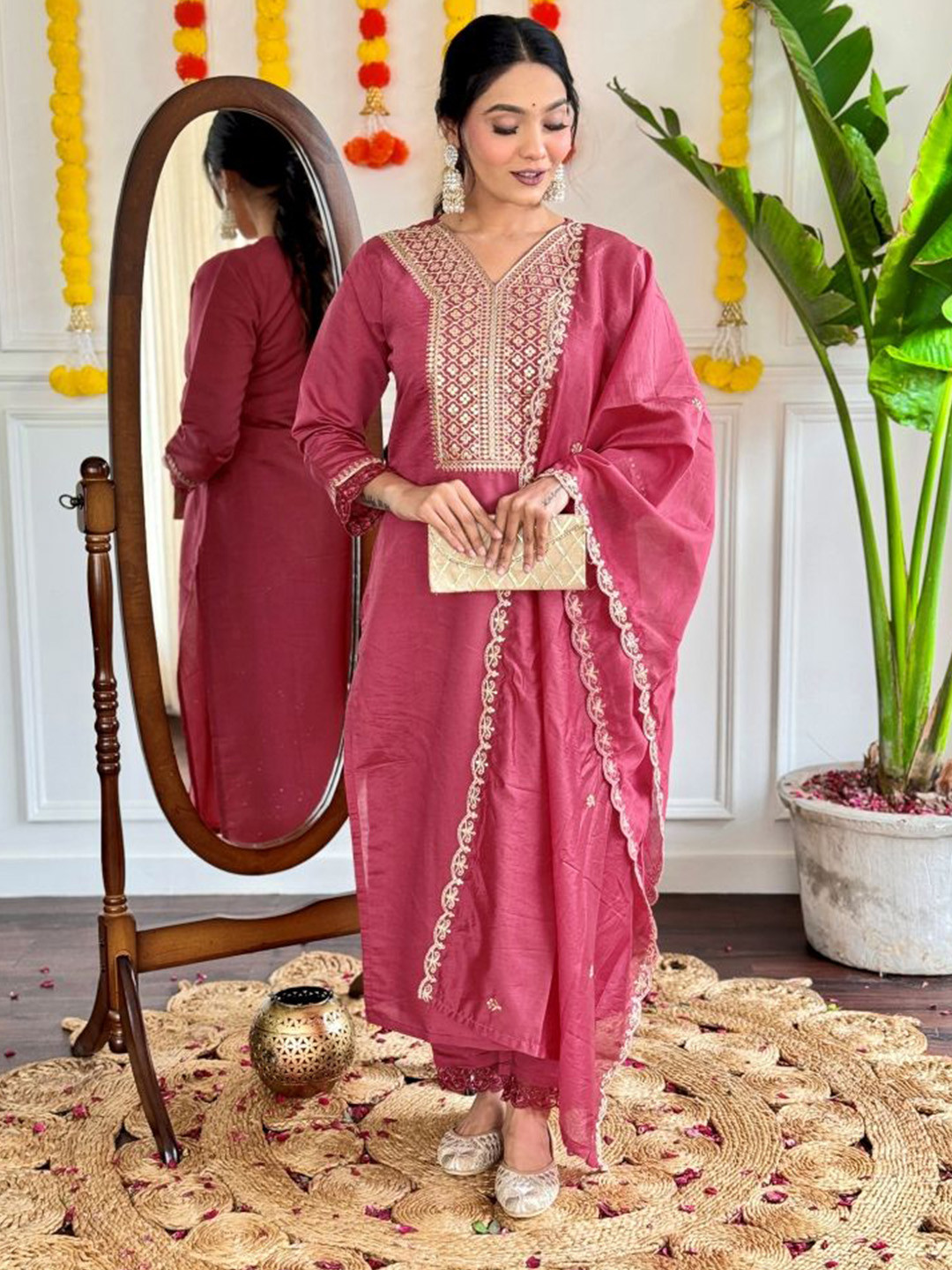

SHREE KHODAL FASHION Sequin Embroidered A-Line Kurta & Trouser With Dupatta, Pink
