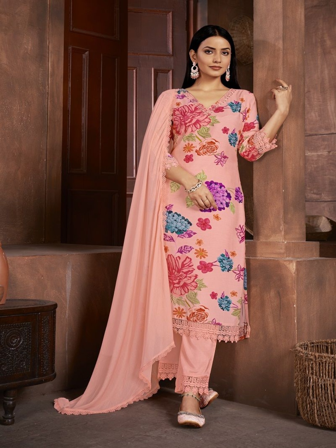 

Krimmple Women Floral Printed Regular Kurta with Pyjamas & With Dupatta, Peach