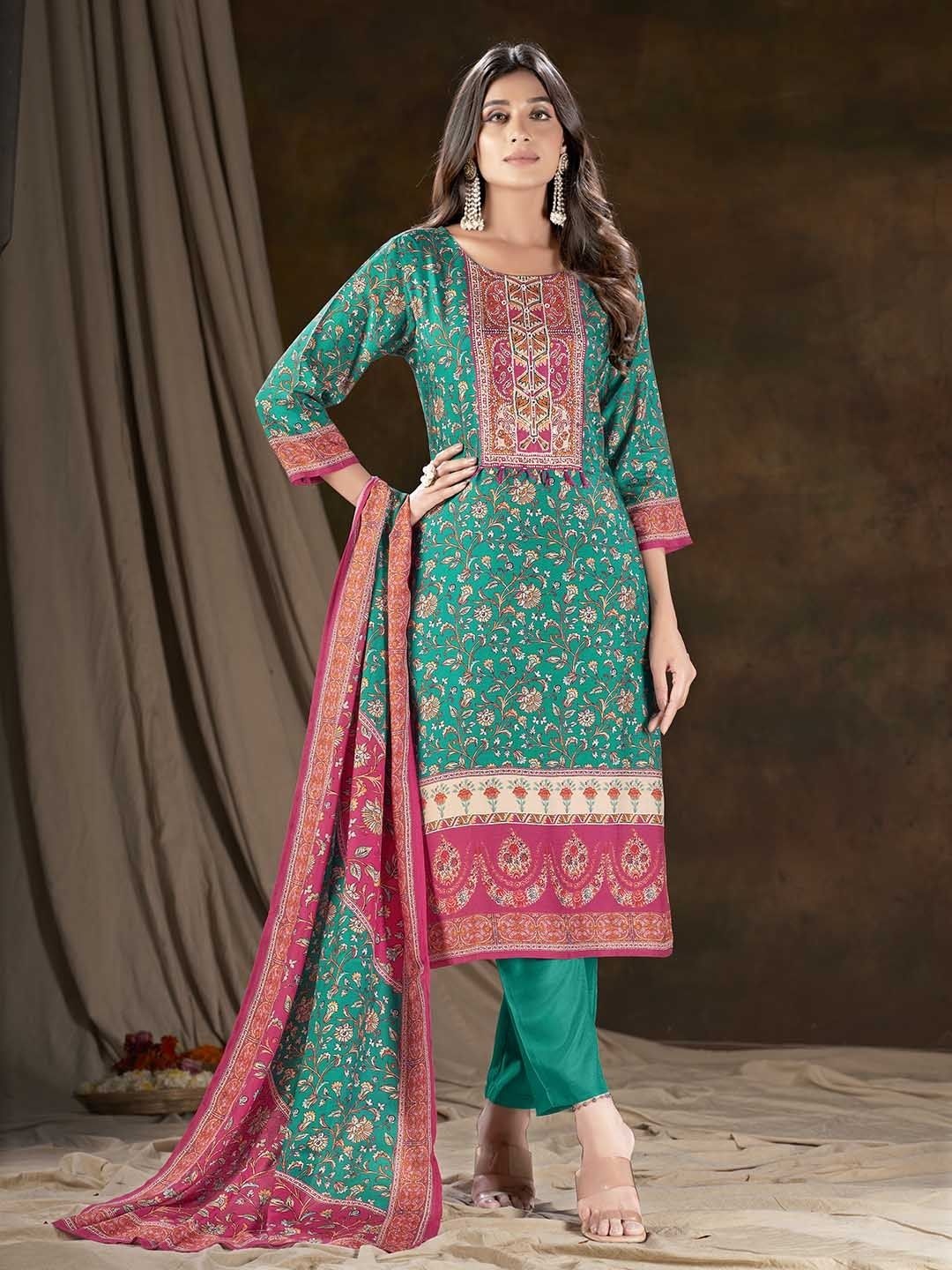 

Krimmple Women Floral Printed Regular Kurta with Pyjamas & With Dupatta, Sea green