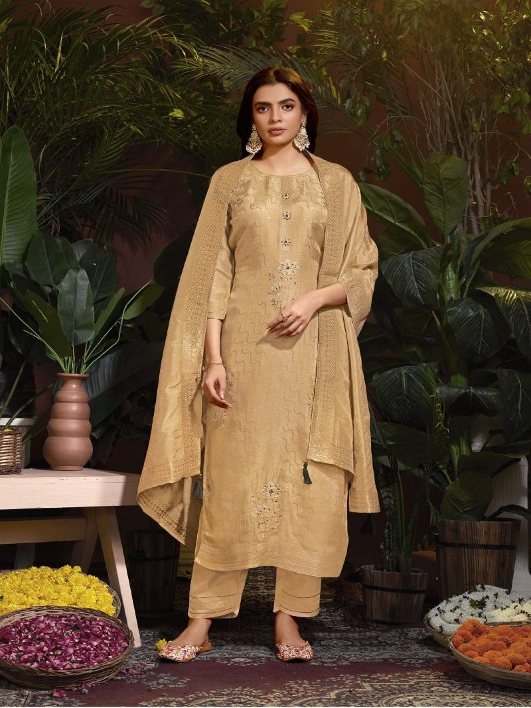 

Krimmple Women Embroidered Regular Kurti with Pyjamas & With Dupatta, Yellow