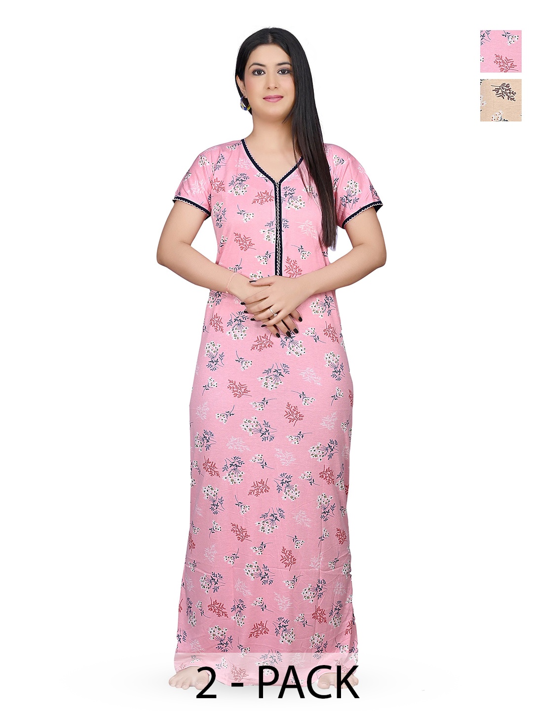 

G4Girl Women Pack Of 2 Printed Maxi Nightdress, Beige