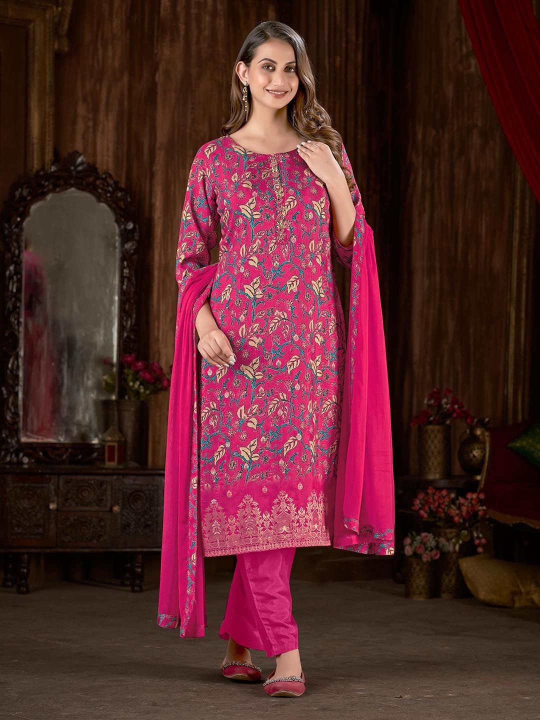 

Krimmple Women Floral Printed Regular Pure Silk Kurti with Pyjamas & With Dupatta, Pink