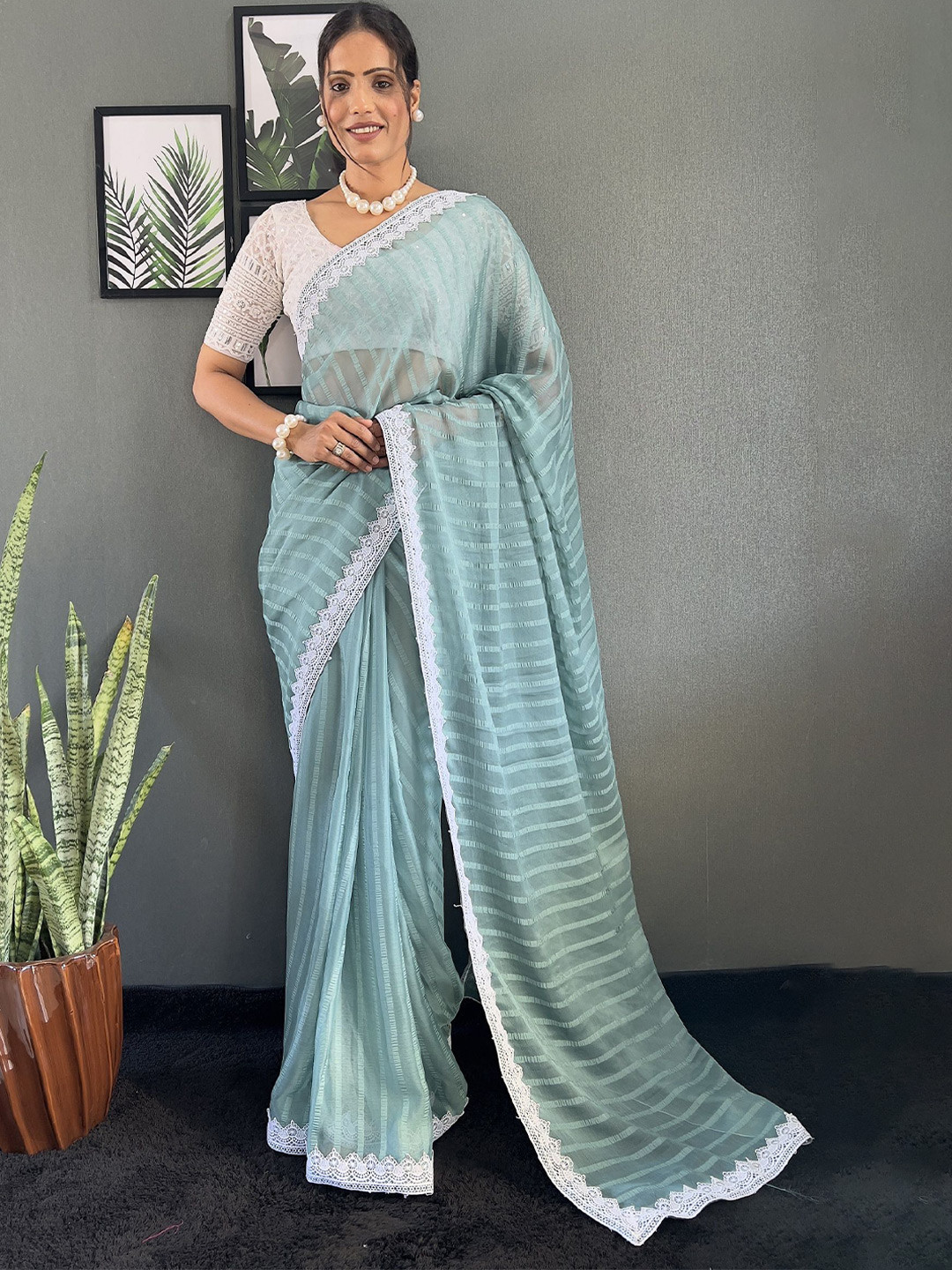 

Aika Striped Embroidered Pure Chiffon Ready to Wear Saree, Sea green