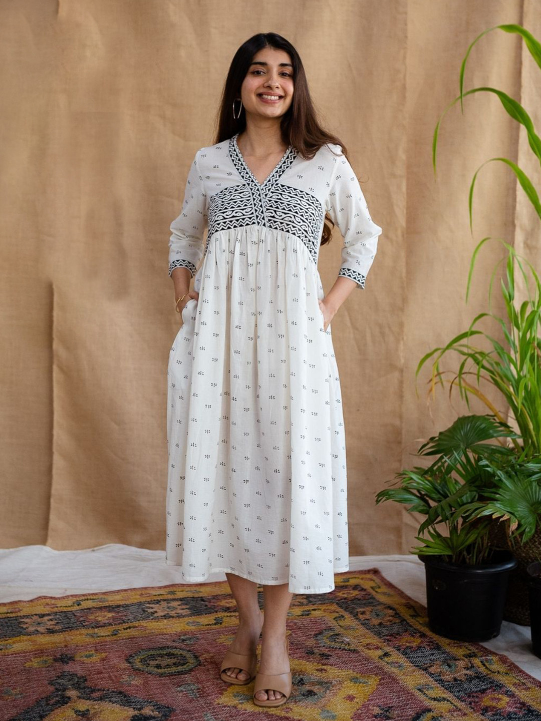 

THE INDIAN ETHNIC CO Women Printed Midi Cotton A-Line Dress, White