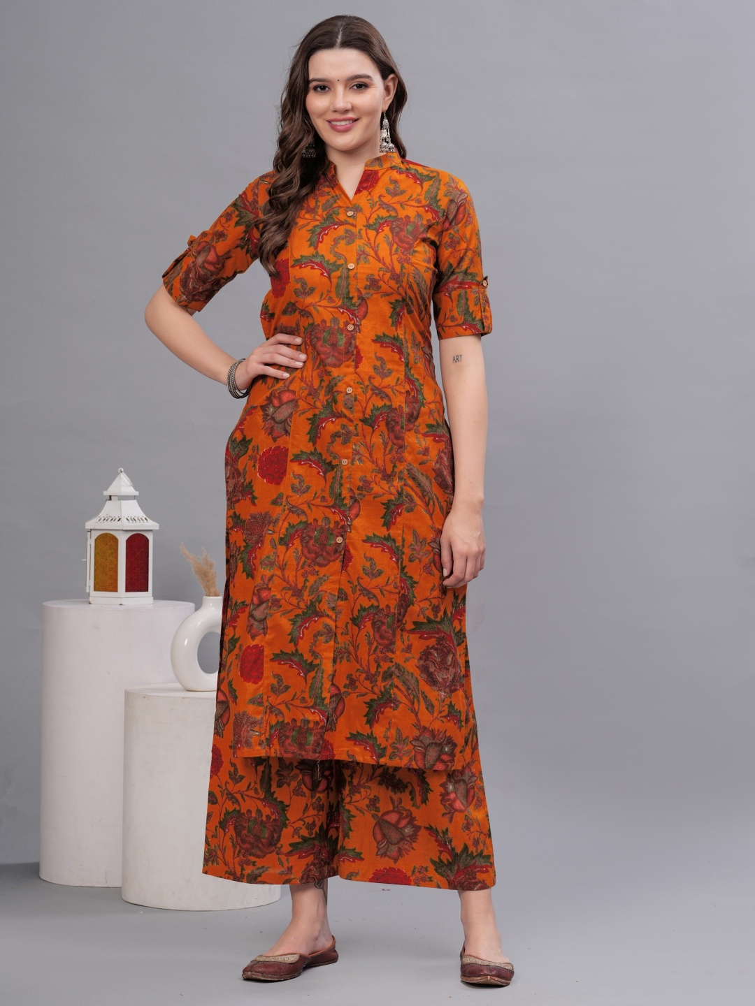 

KALINI Women Floral Printed Regular Pure Cotton Kurta with Palazzos, Mustard