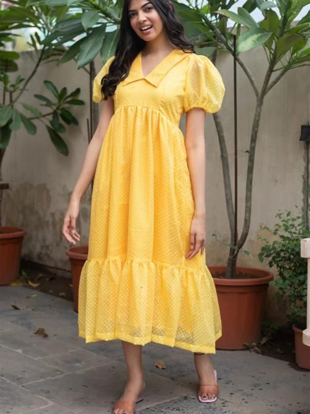 

SUKITI Women Puff Sleeves Fit & Flare Midi Dress, Yellow