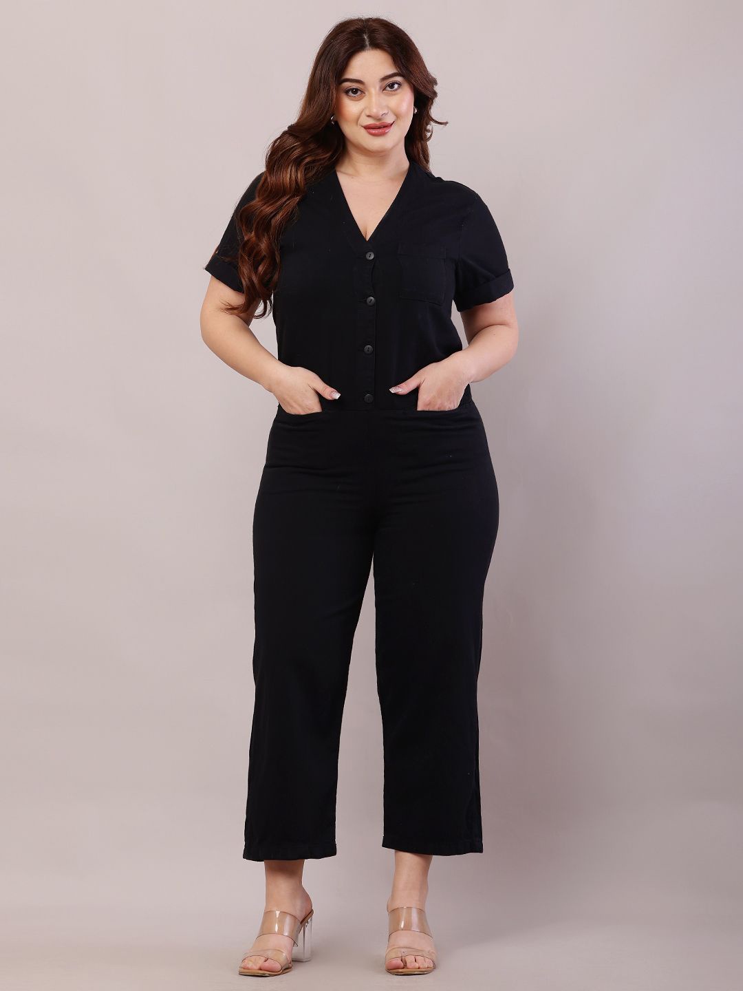 

NoBarr Women Cotton V-Neck Jumpsuit, Black