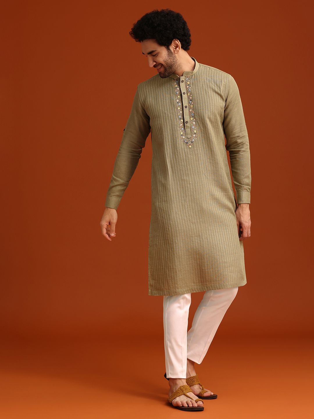 

KALKI Fashion Striped Thread work Linen Straight Kurta With Trousers, Green