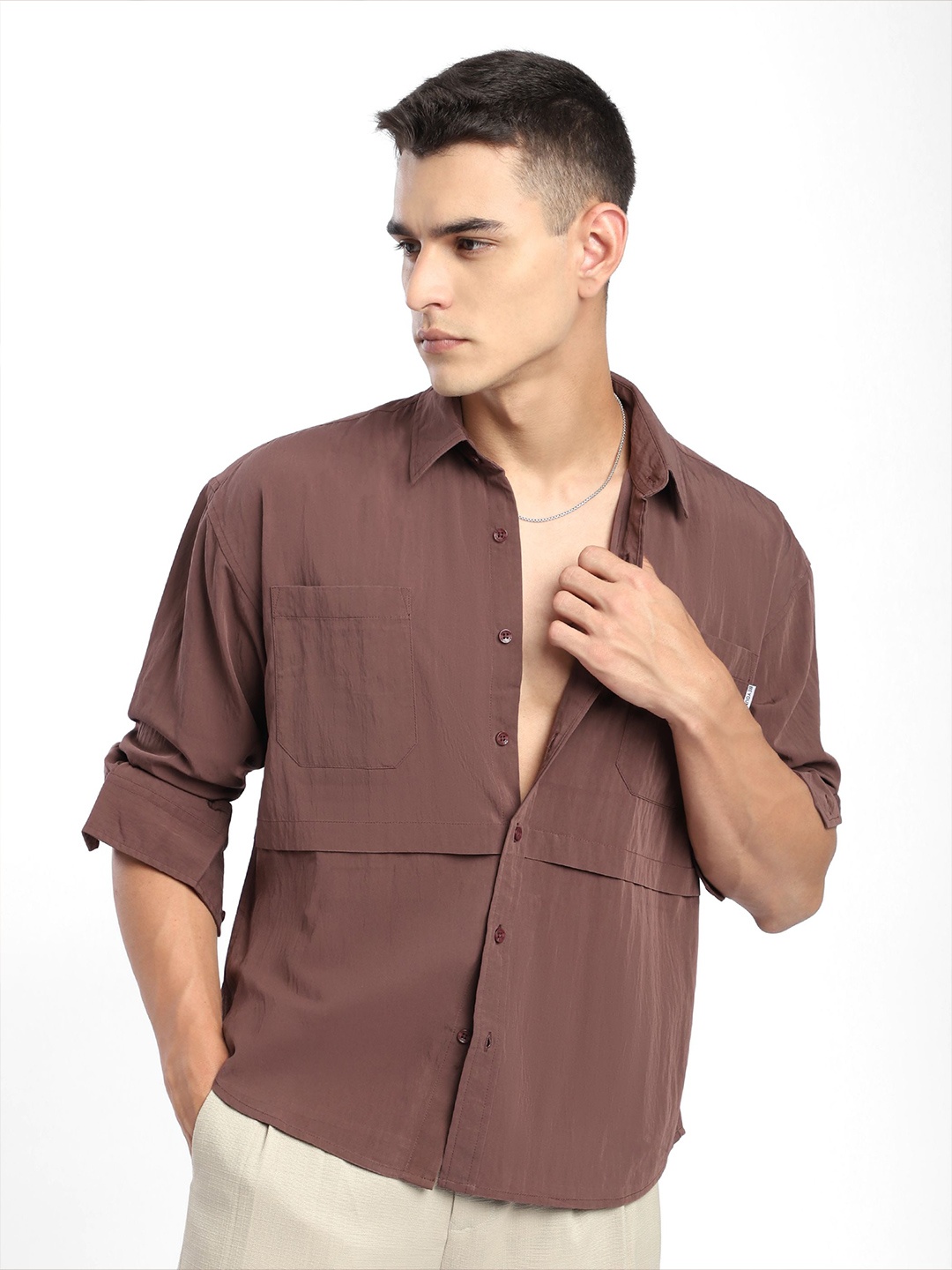 

Beyoung Men Relaxed Fit Spread Collar Solid Casual Shirt, Brown