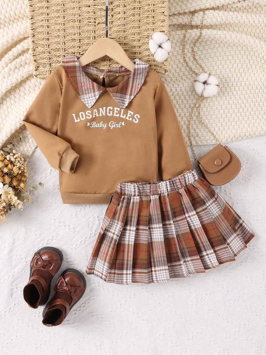 

YK Girls Printed Shirt Collar Sweatshirt With Skirt, Coffee brown