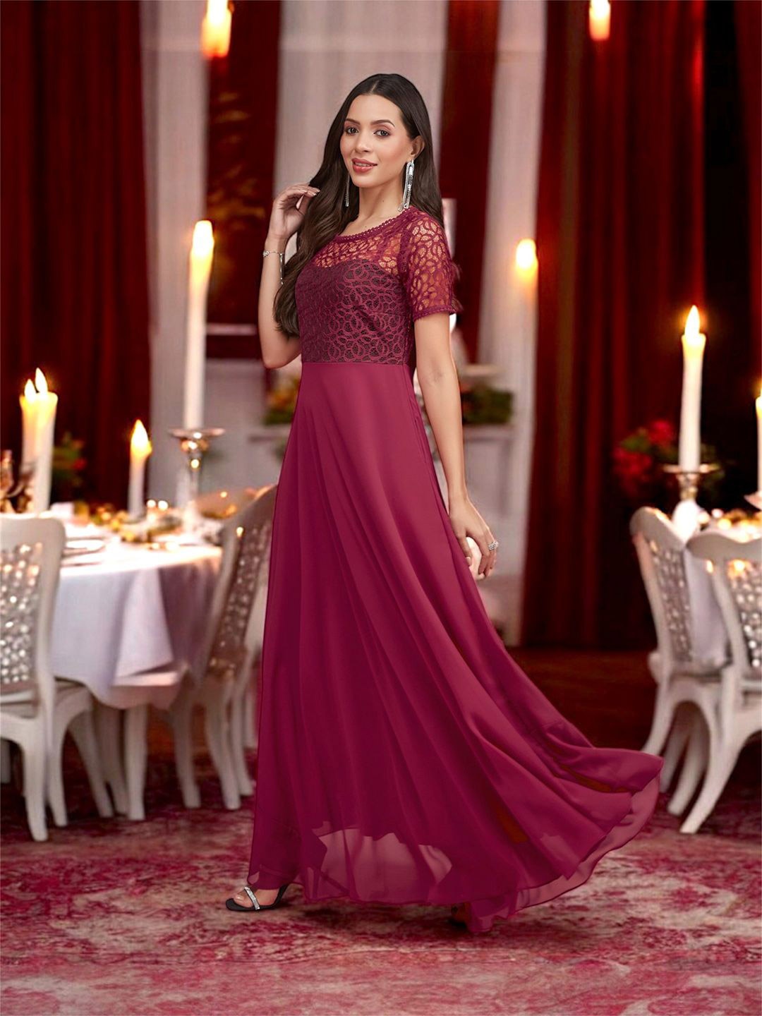 

Miss Chase Lace Georgette Fit and Flare Maxi Dress, Pink