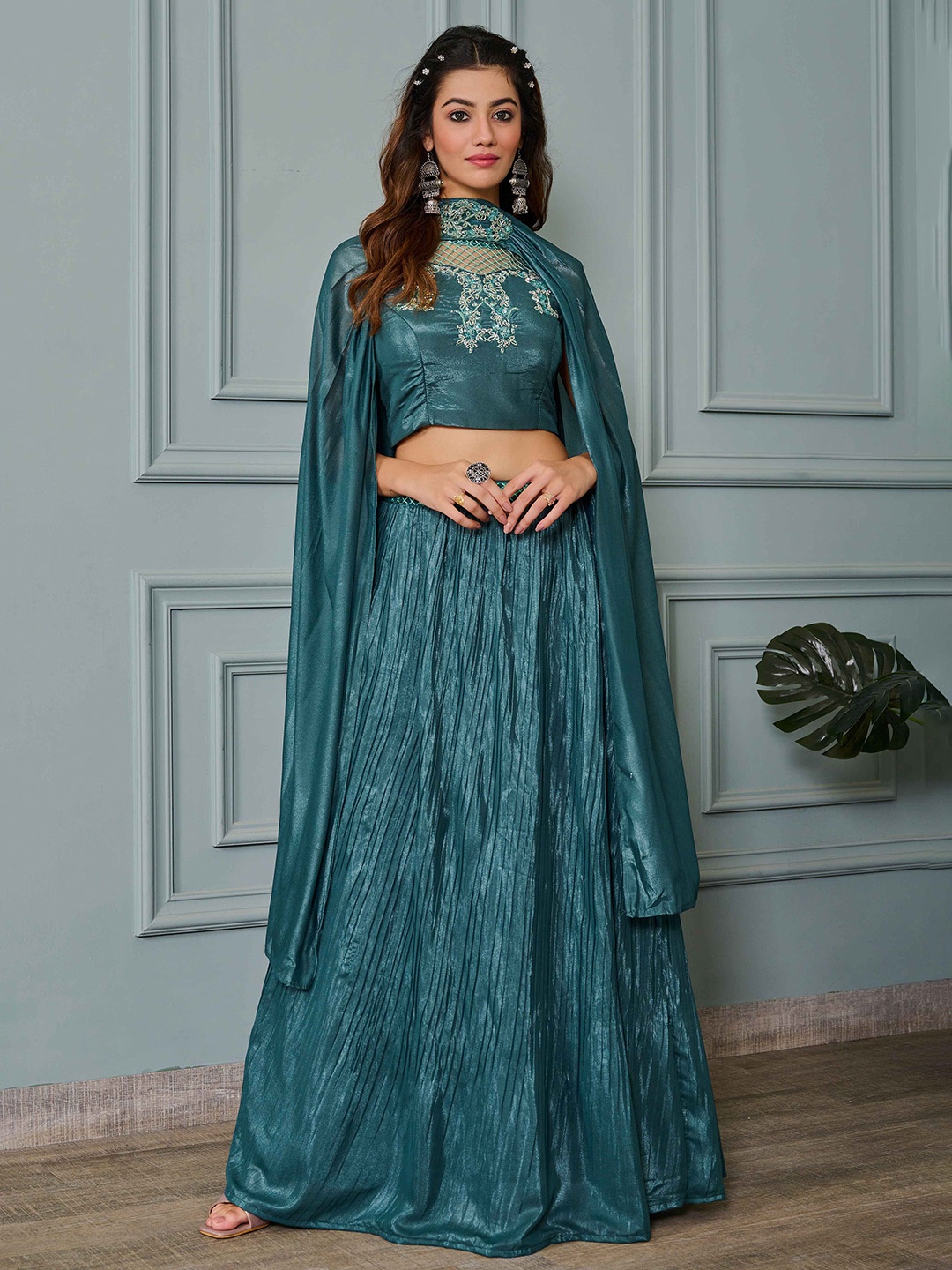 

Krimmple Floral Embroidered Ready to Wear Lehenga & Blouse With Dupatta, Green