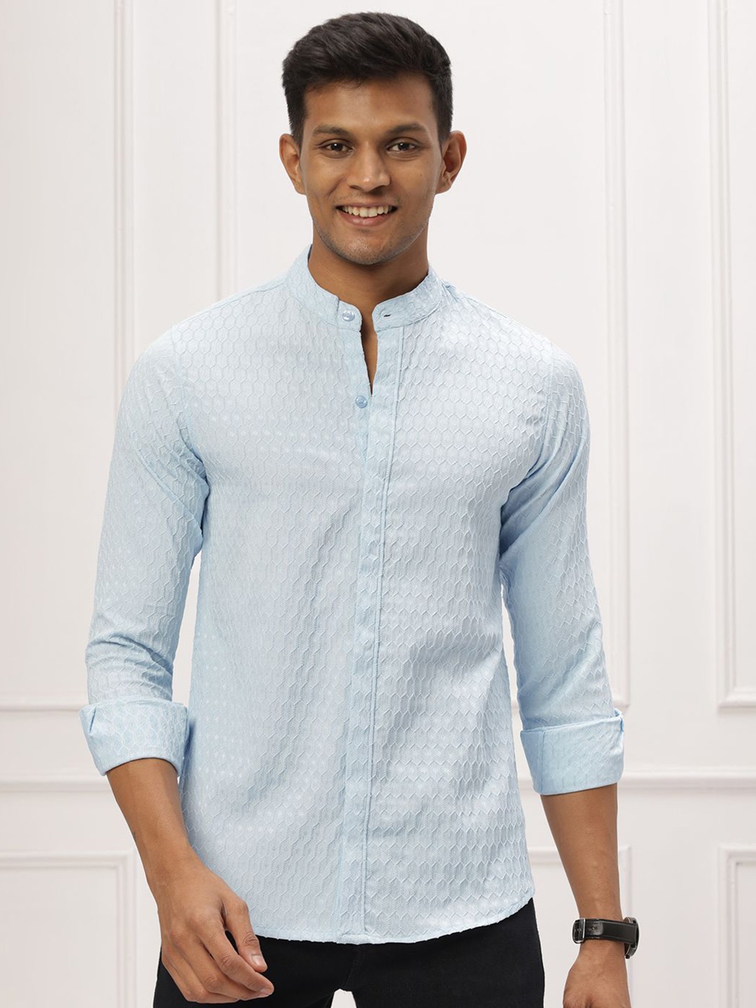 

N AND J Men Band Collar Geometric Printed Casual Shirt, Blue