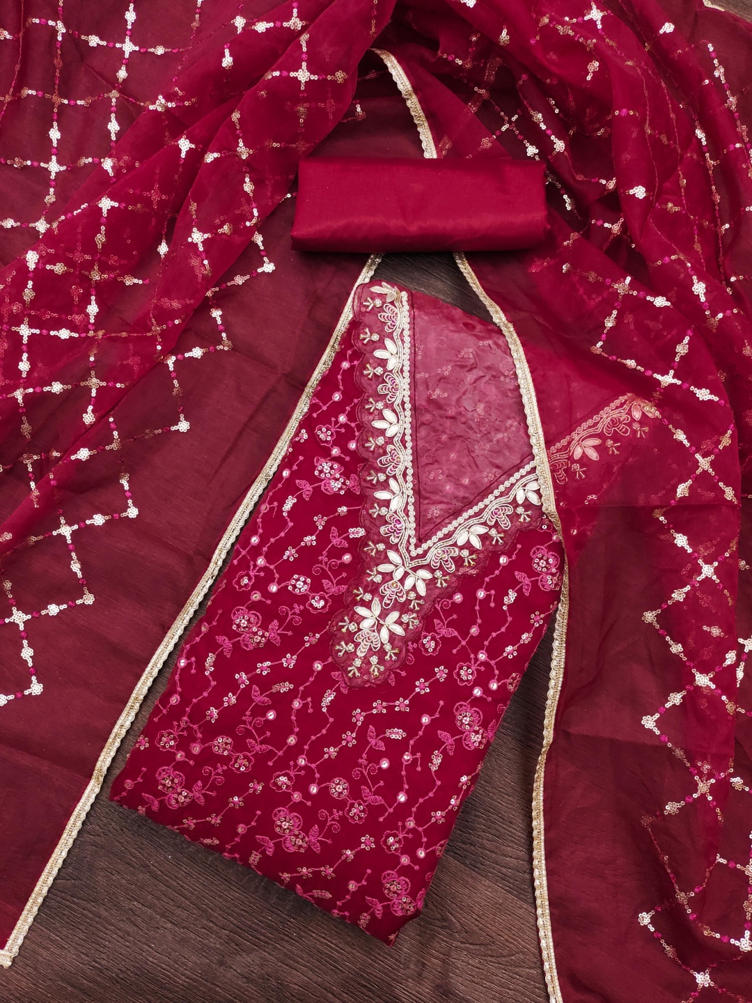 

KALINI Embroidered Organza Unstitched Dress Material, Red