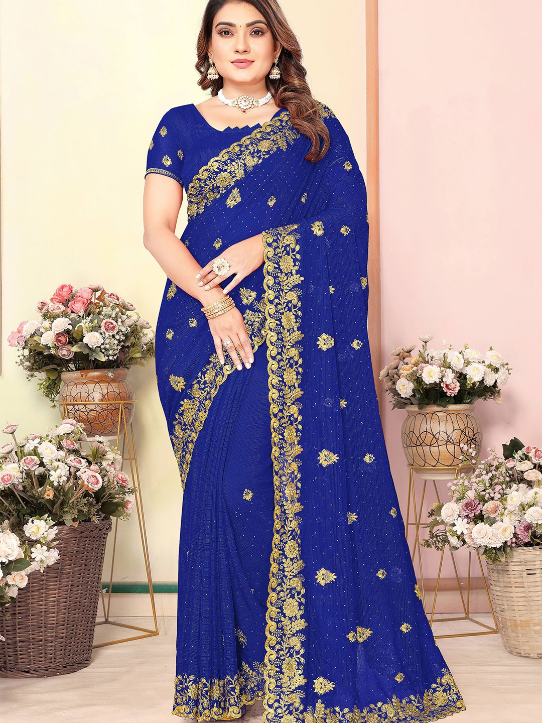 

KHRITI FAB Floral Embroidered Pure Georgette Saree, Blue