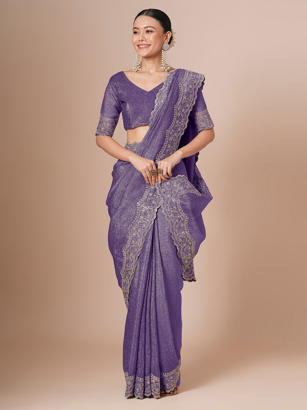 

House of Pataudi Beads and Stones Embroidered Saree With Blouse Piece, Lavender