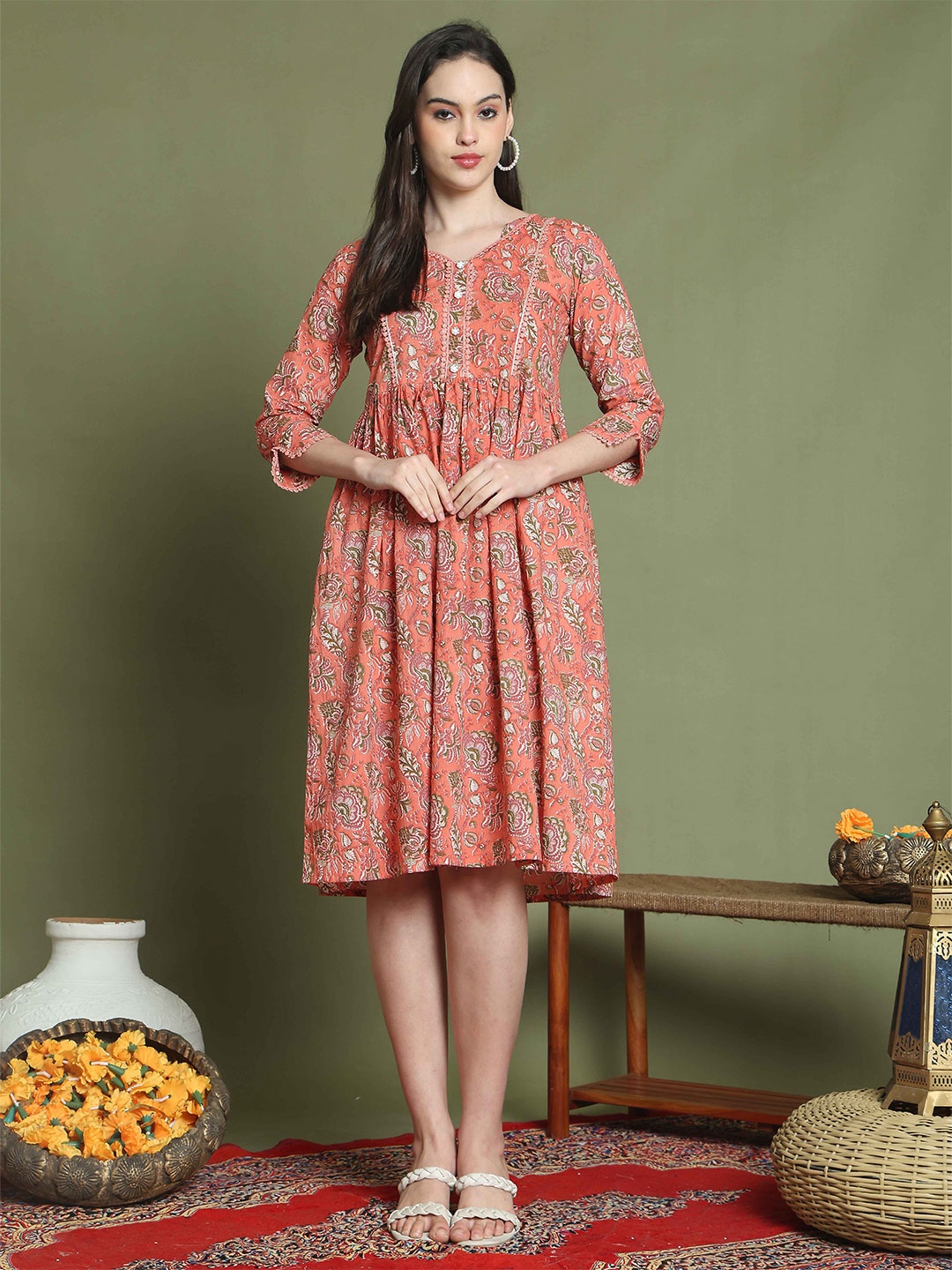 

Roly Poly Floral Print A-Line Dress, Orange