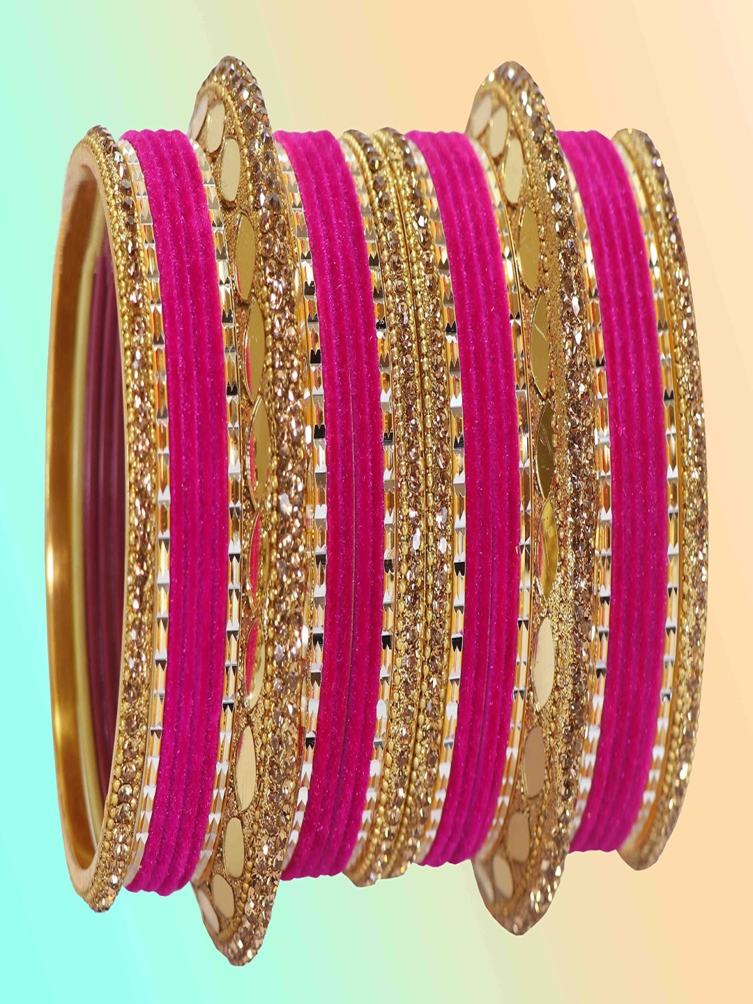 

ZULKA Set Of 30 Premium Gold Plated Zircon Stone Studded & Beaded Bangles, Magenta